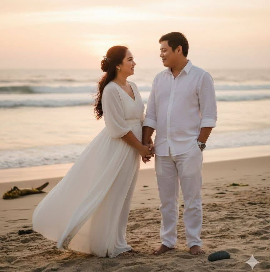 The couple holding hands and smiling at each other on the beach at sunset